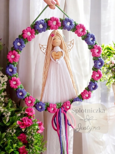 Anioł Stróż dla dziewczynki, Pamiątka I Komunii/ Chrztu, róż i fiolet