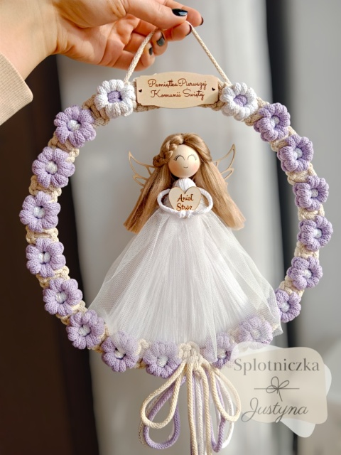 Duży Anioł Stróż dla dziewczynki na Pamiątkę I Komunii Świętej fiolet