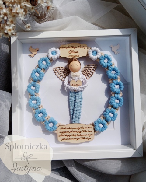 Anioł Stróż na Chrzest w ramce dla chłopca błękit