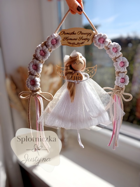 Anioł Stróż na Pierwszą Komunię Świętą biel ze złotą nitką, sukienka biały tiul