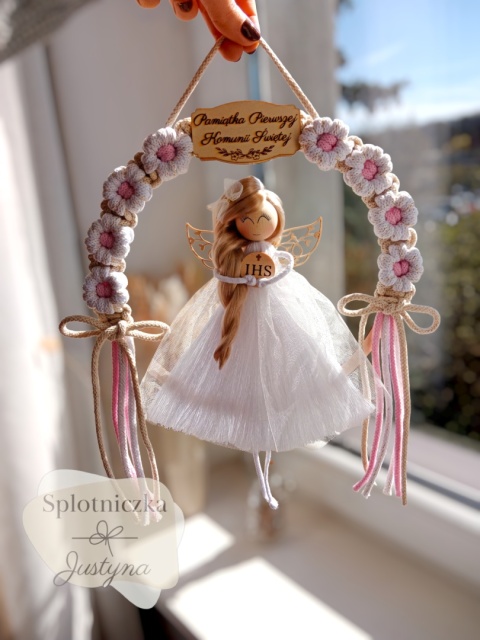 Anioł Stróż na Pierwszą Komunię Świętą biel ze złotą nitką, sukienka biały tiul