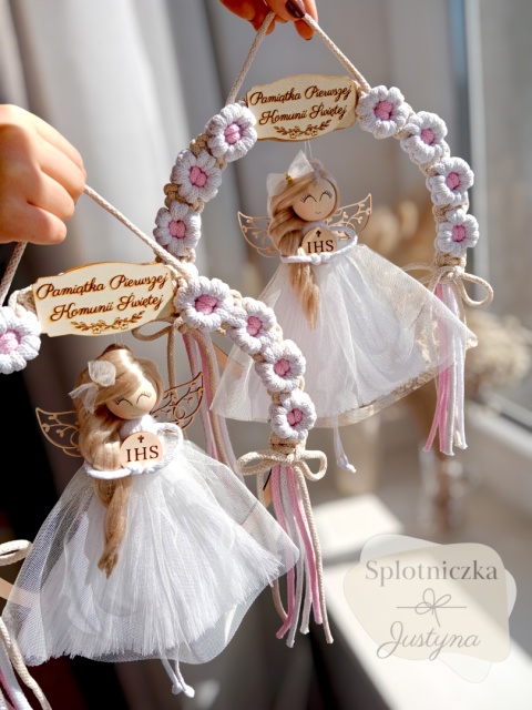 Anioł Stróż na Pierwszą Komunię Świętą biel ze złotą nitką, sukienka biały tiul