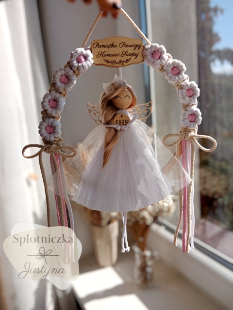 Anioł Stróż na Pierwszą Komunię Świętą biel ze złotą nitką, sukienka biały tiul