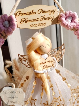 Anioł Stróż na Pierwszą Komunię Świętą róż, włosy słoneczny blond