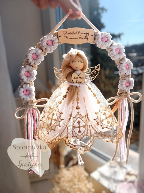 Anioł Stróż na Pierwszą Komunię Świętą biel ze złotą nitką