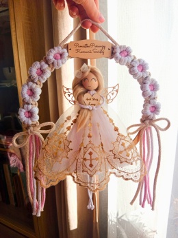 Anioł Stróż na Pierwszą Komunię Świętą biel ze złotą nitką