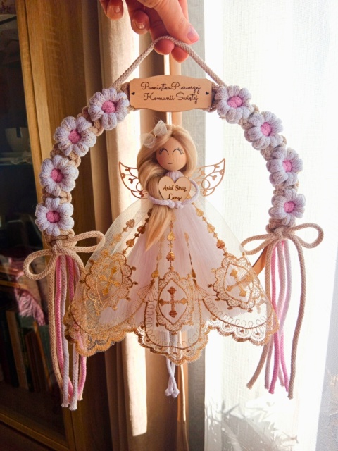 Anioł Stróż na Pierwszą Komunię Świętą biel ze złotą nitką