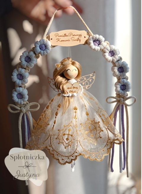 Anioł Stróż na Pierwszą Komunię Świętą biel i fiolet