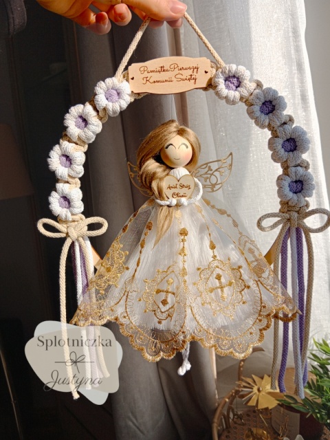 Anioł Stróż na Pierwszą Komunię Świętą biel i fiolet