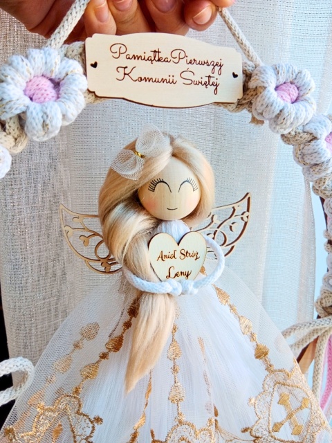 Anioł Stróż na Pierwszą Komunię Świętą biel ze złotą nitką