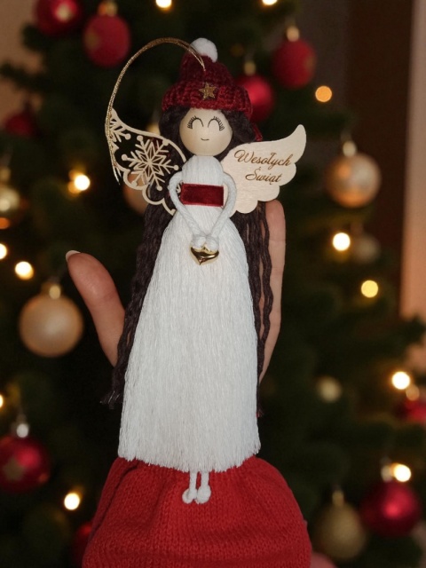 Anioł Wesołych świąt+ dwie bombeczki bordo