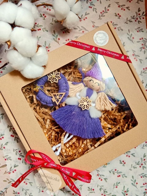 Świąteczny prezent, Anioł i bombka, fiolet dla dziewczynki