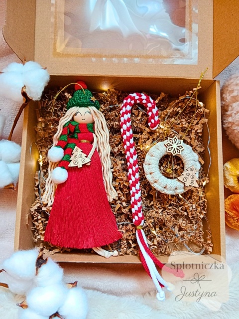 Świąteczny zestaw, czerwony Aniołek i laska